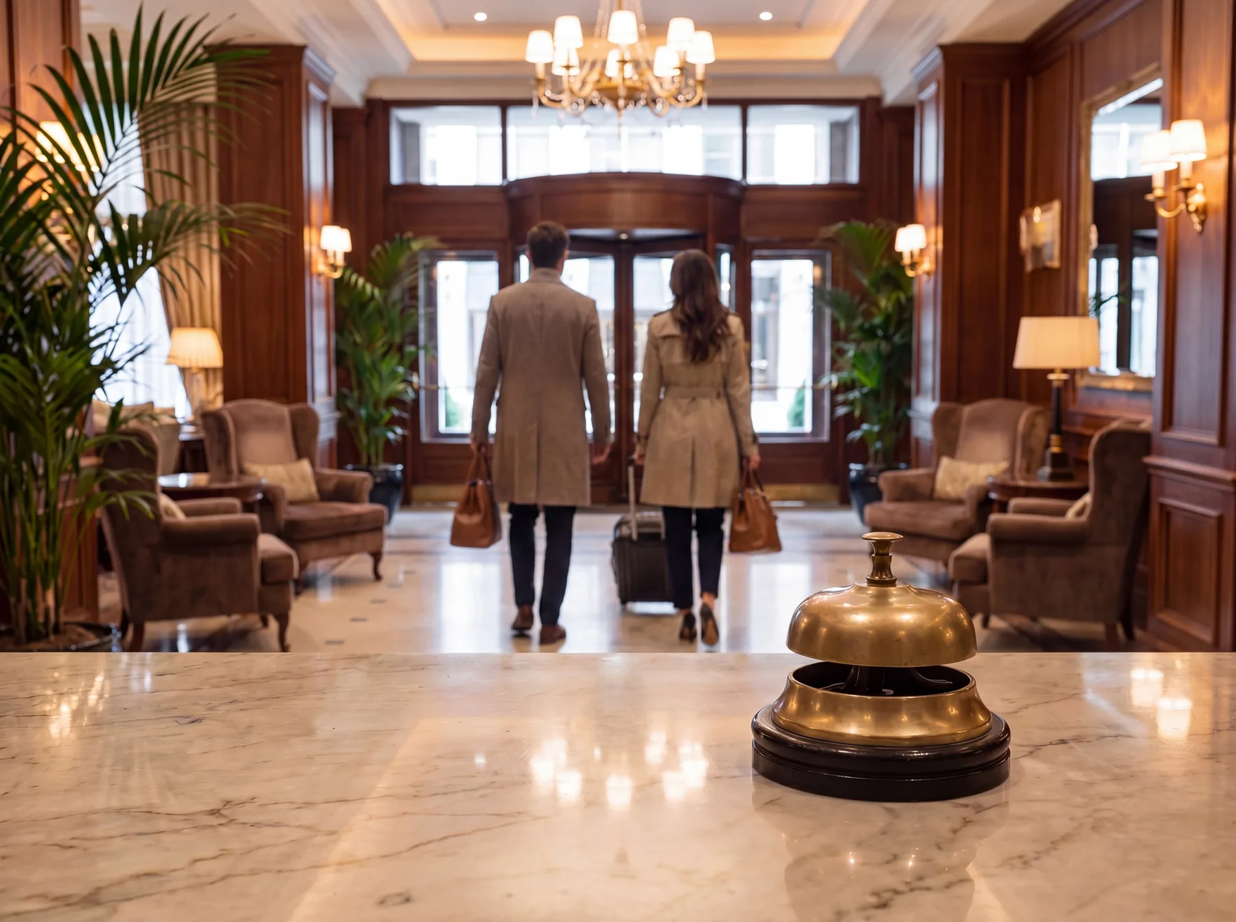 Mitglieder verlassen einen Private Members Club nach einem Abend, während im Vordergrund der diskrete Empfangsbereich zu sehen ist